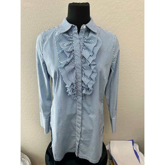 CHICO’S Striped Blue White Ruffle Front Button Down Blouse Tunic | Size 1 Medium - Picture 2 of 6